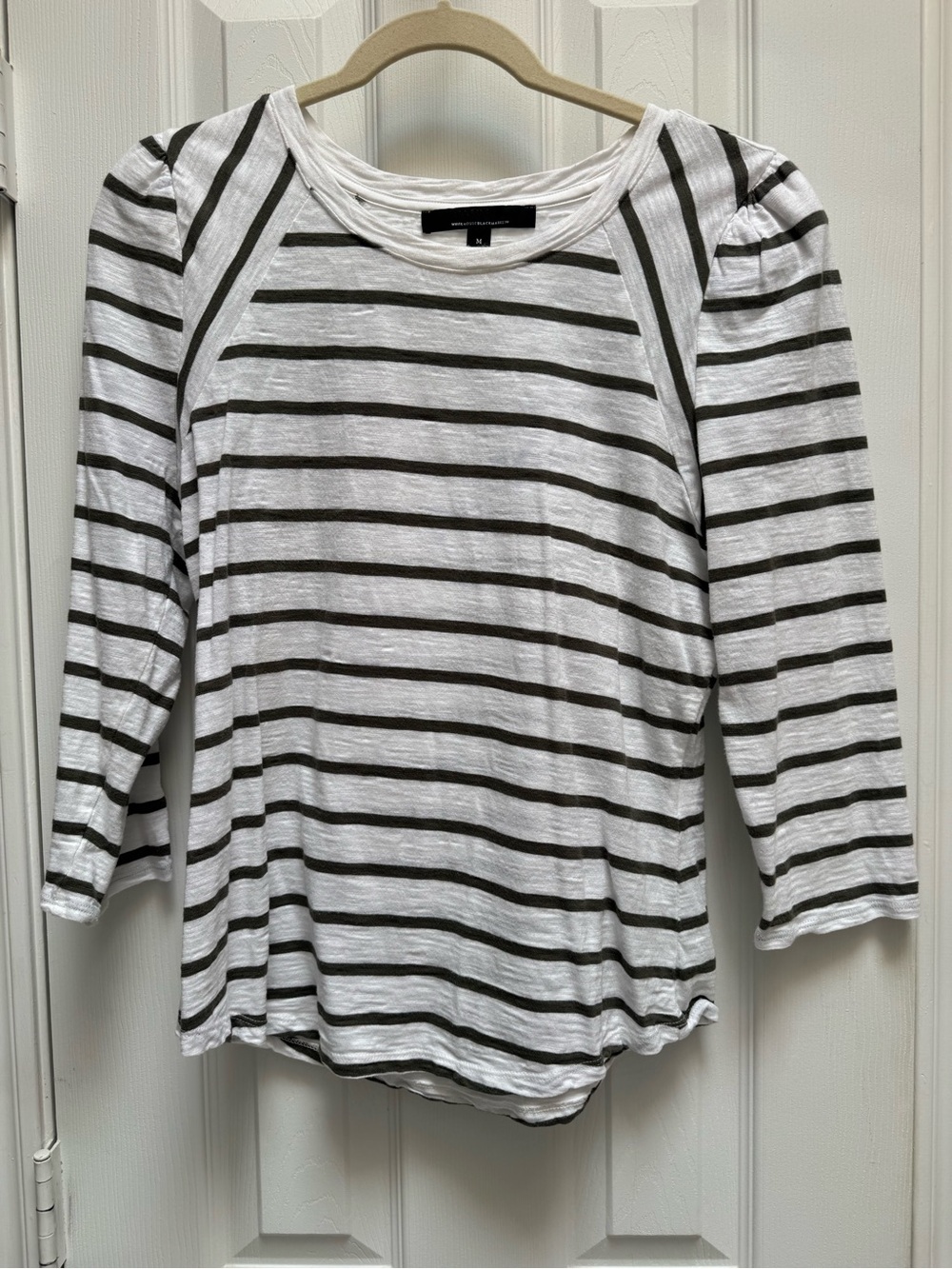 White House Black Market Striped Scoop Neck 3/4 Top - White with Olive Stripes